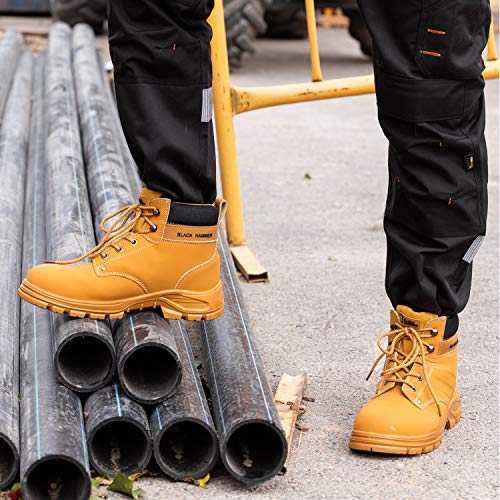 Botas de Seguridad para Hombre con Puntera de Acero Zapatos de Trabajo S3 SRC Tobillo de Cuero marrón Tan 5007 Black Hammer (44 EU)