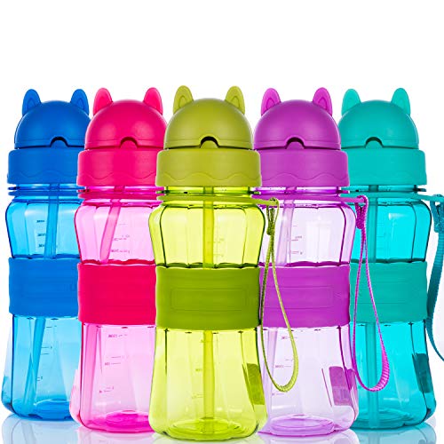 Botella de Agua Niños y Niñas Sin BPA Tritan Botella de Agua Deporte con Pajita y correa para Infantil, Escuela, Corrida, Senderismo y Actividades al Aire (Rosa-1)