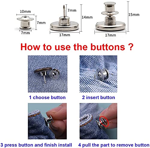 Botones vaqueros ajustables, botones desmontables de aleación Jeans, botones instantáneos sin Sew, botón de repuesto para pantalones para reparación de vaqueros, kit de 17 mm, 4 unidades
