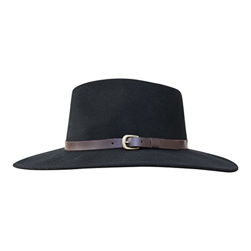 B&S Premium Lewis - Sombrero de ala Ancha Fedora - 100% Fieltro de Lana - Resistente al Agua - Banda de Piel - Negro 58cm