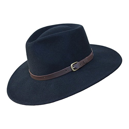 B&S Premium Lewis - Sombrero de ala Ancha Fedora - 100% Fieltro de Lana - Resistente al Agua - Banda de Piel - Negro 58cm