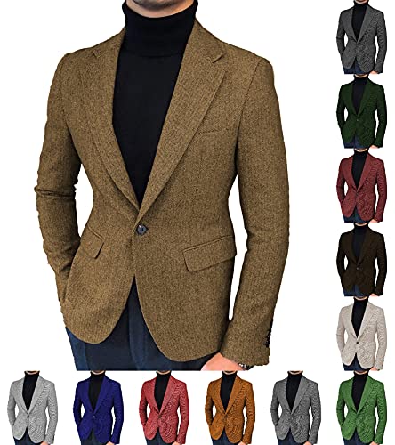 BYLUNTA Chaqueta de Tweed para hombre Trajes de abrigo de espiga de un solo pecho esmoquin muesca chaqueta de solapa de lana de boda, marrón, 46