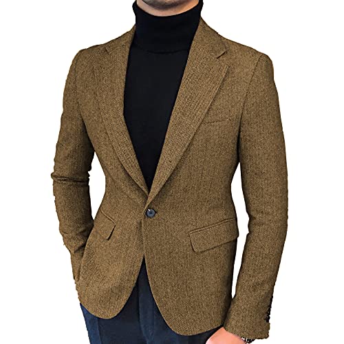 BYLUNTA Chaqueta de Tweed para hombre Trajes de abrigo de espiga de un solo pecho esmoquin muesca chaqueta de solapa de lana de boda, marrón, 46