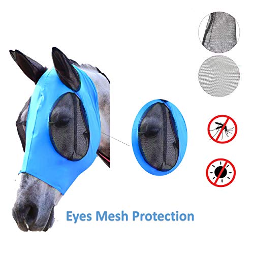 Bythavny Máscara antimoscas para caballos con orejas, de licra, lisa y elástica, para caballos y protección UV (azul)