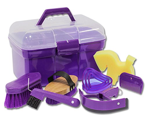 Caja con accesorios de limpieza para caballos, color morado