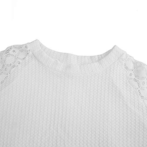 Camisa de Manga Larga de Encaje Elegante para Mujer Blusa Holgada Informal con Cuello Redondo (Blanco, L)