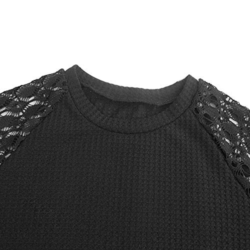 Camisa de Manga Larga de Encaje Elegante para Mujer Blusa Holgada Informal con Cuello Redondo (Negro, XL)