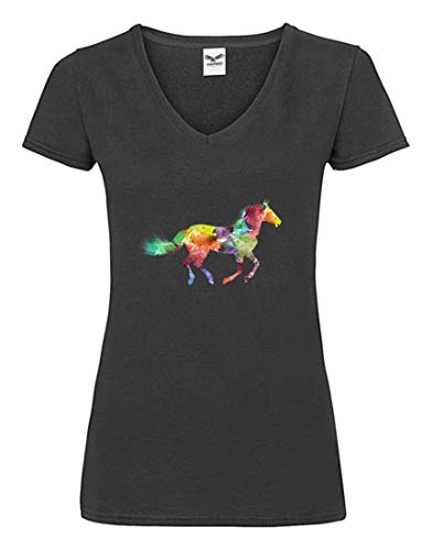 Camiseta de manga corta en V con diseño de caballo pintado para mujer y mujer con cuello en V Negro XS