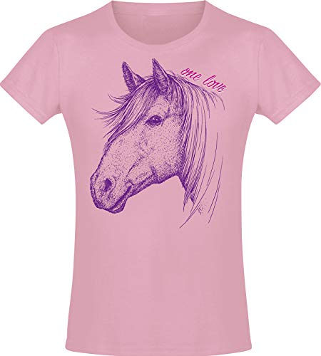 Camiseta: One Love - Amor - Niña - Caballo Jaca - Poney Poni Pony - Rosa Pink - Regalo de cumpleaños - Amiga - Cabalgar - T-Shirt - Escuela (128)