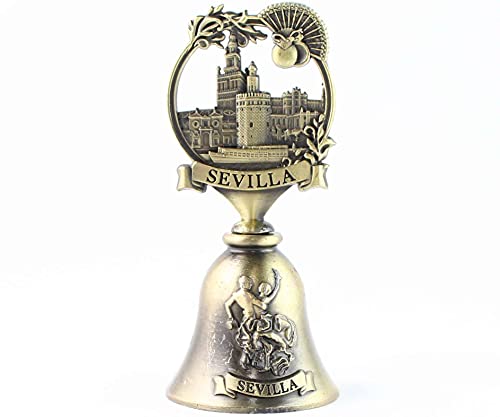 Campana Sevilla en Metal, campanilla de sobremesa, con La Giralda y La Torre del Oro. En color bronce envejecida. Altura 10 cm.