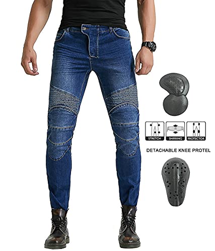 CANG Pantalones de Montar a Caballo para Hombres Pantalones Vaqueros Flacos con Almohadillas de Protector de Cadera de Rodilla Tejido de Mezclilla Lavado,Blue-2XL=39.4'' (100cm Waist)