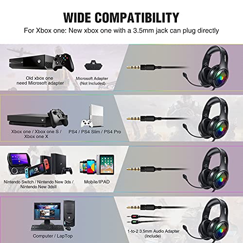 Cascos Gaming, Auriculares Gaming PS4 PC con Microfono Diadema con RGB Luz LED y Cancelació de Ruido, Cascos Gamer Headset Estéreo con Orejeras Cómodas, Headphones para Xbox One Switch Tableta