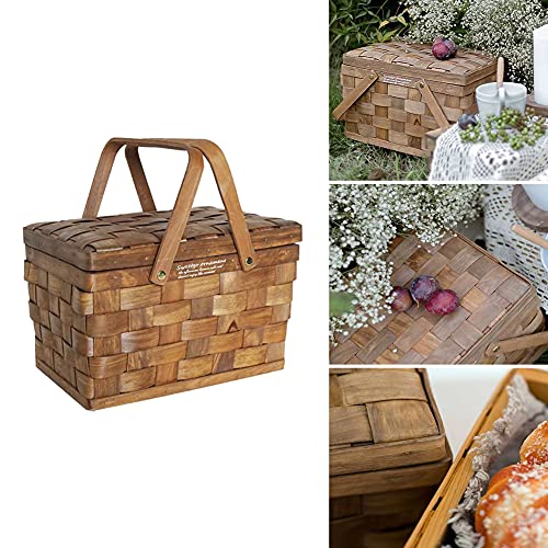 Cesta de mimbre de madera para pícnic con tapa y asa, cestas de mimbre de regalo, cestas de mimbre vacías, ovaladas, de sauce, para pícnic