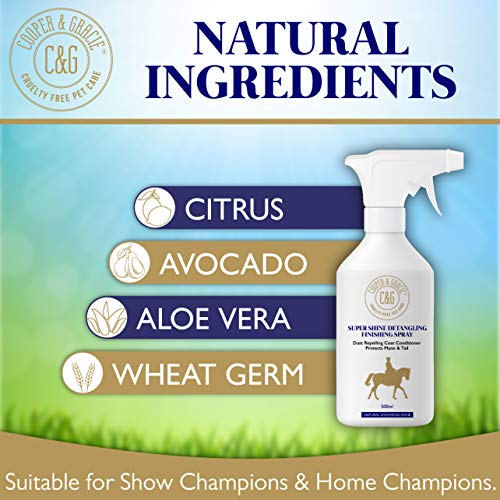 C&G Pets | Horse Super Shine Spray de acabado desenredante 500 ml | Acondicionador repelente de polvo | Ingredientes naturales | Protege el brillo natural de la cola