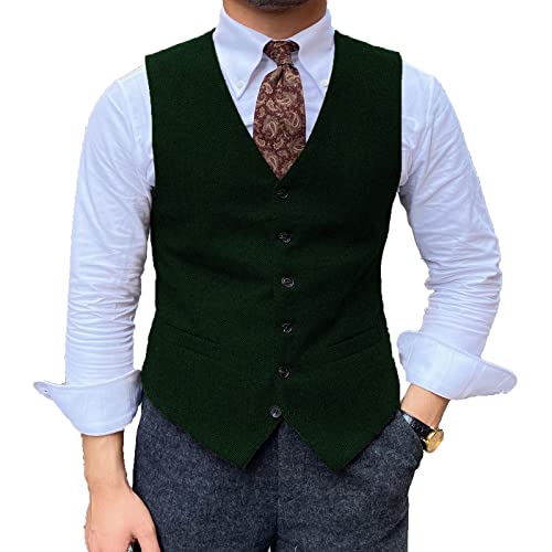 Chaleco de traje de lana para hombre Tweed formal vestido de negocios chaleco Slim Fit, Verde ejército, Small