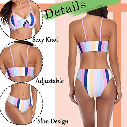 CheChury Mujer Sexy 2 Piezas Conjuntos de Bikini Push Up Trajes de Baño con Cuello Halter Rayas Colorido Conjuntos de Bikini Lazos Delantero Playero Bañador