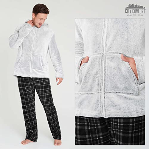 CityComfort Pijama Hombre, Pijama Hombre Invierno Forro Polar, Ropa Hombre, Pantalón y Sudadera con Capucha Slim Fit (M, Gris)