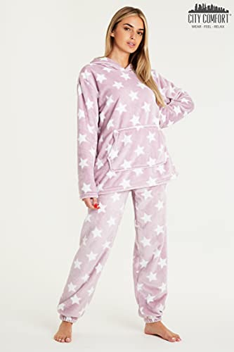 CityComfort Pijamas Mujer, Pijama Mujer Invierno de Forro Polar, Conjunto con Sudadera y Pantalón Largo, Regalos para Mujer Talla S-XL (Rosa Estrella, M)