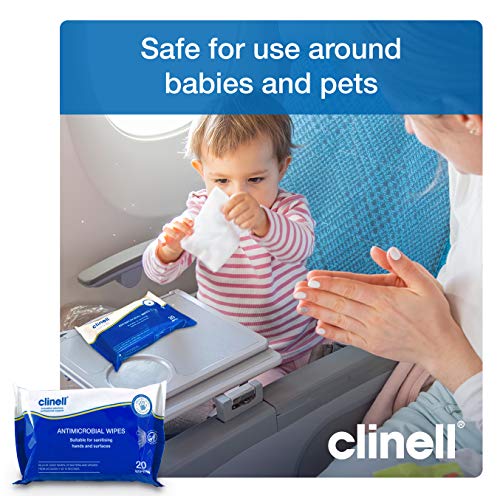 Clinell - Toallitas antibacterianas para manos y superficies - Paquete de 20 toallitas - Dermatológicamente probadas, eliminan el 99,99 % de los gérmenes