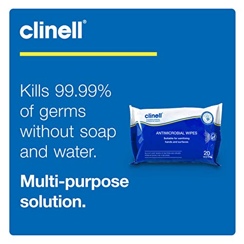 Clinell - Toallitas antibacterianas para manos y superficies - Paquete de 20 toallitas - Dermatológicamente probadas, eliminan el 99,99 % de los gérmenes