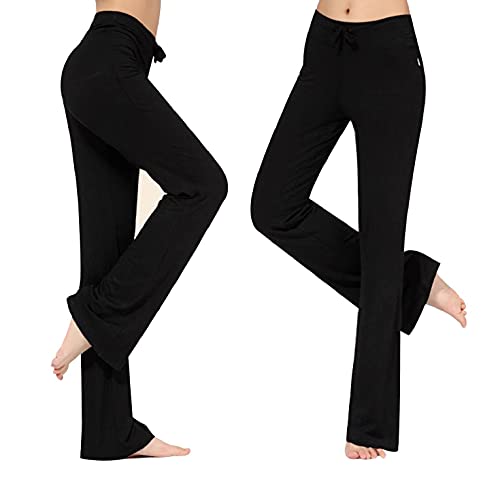 CMTOP Pantalones de Yoga Pilates para Mujer Modal Alta Cintura Elásticos Pierna Ancha Pantalones de Entrenamiento con cordón Casuales Chandal Deportivo para Yoga Jogger Fitness(Negro,L)