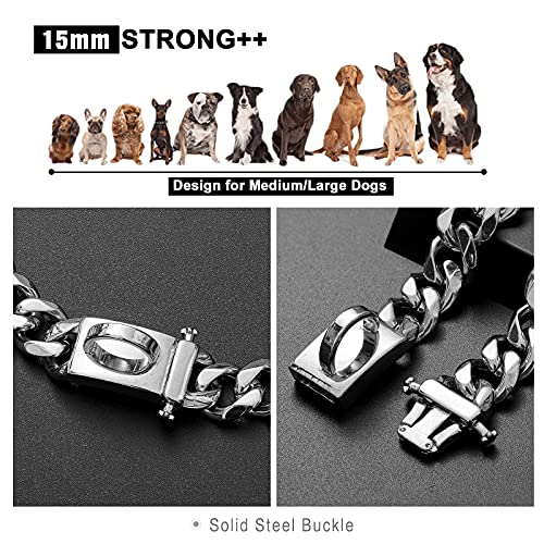 Collar para perros plateado de acero inoxidable con hebilla de seguridad, cadena para perros de paseo, resistente a la masticación de 15 mm, hebilla de perro