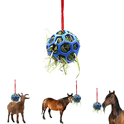 Comedero de heno con bola de regalo para caballo, bola colgante para caballos, alimentador de heno para caballos de cabras, bola roja azul para tratar el caballo, alivia el estrés Paddock resto