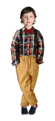 Conjunto de Ropa para niño pequeño Camisa a Cuadros + Pantalones con Tirantes + Pajarita Niños 4 Piezas Traje de Invierno Caqui 6-7 años
