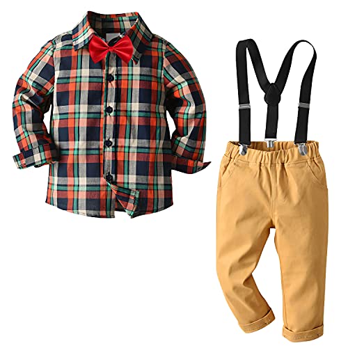 Conjunto de Ropa para niño pequeño Camisa a Cuadros + Pantalones con Tirantes + Pajarita Niños 4 Piezas Traje de Invierno Caqui 6-7 años