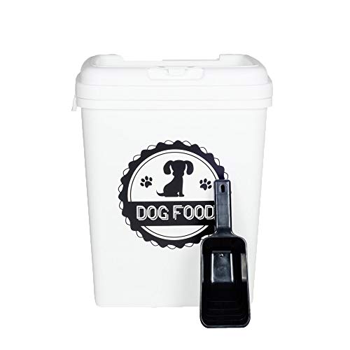 Contenedor de Comida para Perro | 15 kg/ 40 L | Cubo de Almacenamiento para Pienso de Mascotas con Tapa y Pala Dosificadora (Blanco)