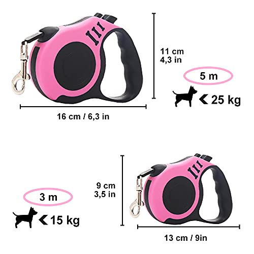 Correa retráctil para perros pequeños, medianos y grandes, color rosa, 3 m