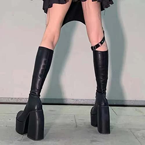 Daihuaer Punk Estilo otoño Boots de Invierno Zapatos de Microfibra elástica Mujer Botas Altas Tacones Negro Gruesa Plataforma Rodilla Altas Botas,36