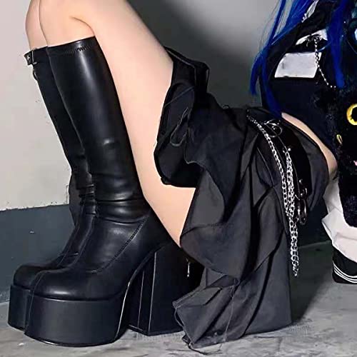 Daihuaer Punk Estilo otoño Boots de Invierno Zapatos de Microfibra elástica Mujer Botas Altas Tacones Negro Gruesa Plataforma Rodilla Altas Botas,36