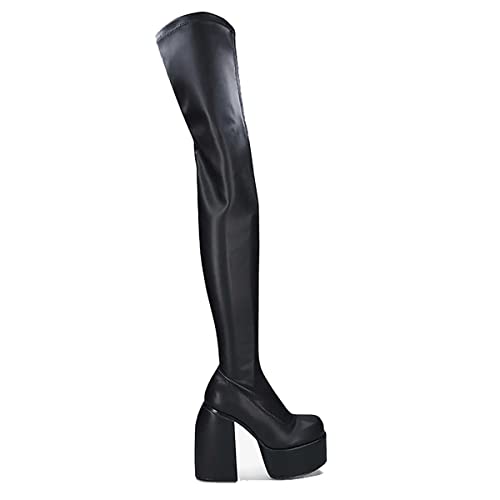 Daihuaer Punk Estilo otoño Boots de Invierno Zapatos de Microfibra elástica Mujer Botas Altas Tacones Negro Plataforma Gruesa largas Botas Altas,38