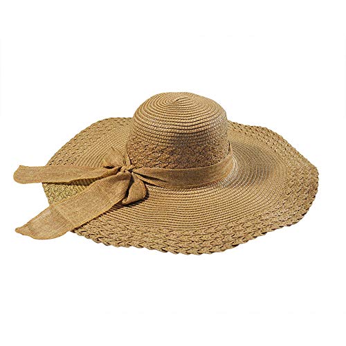 Da.Wa Sombrero de verano para mujer, sombrero de paja tejido, sombrero de playa, plegable, lazo para decoración (marrón)