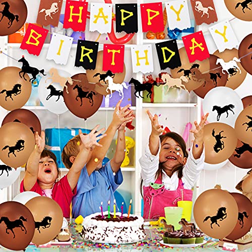 Decoración de Fiesta Cumpleaños de Caballo Fieltro de Pancarta Feliz Cumpleaños Guirnalda Banner Cupcake Toppers de Caballos Látex Caballo para Niños Niñas Vaquera Occidental Decoración Suministros