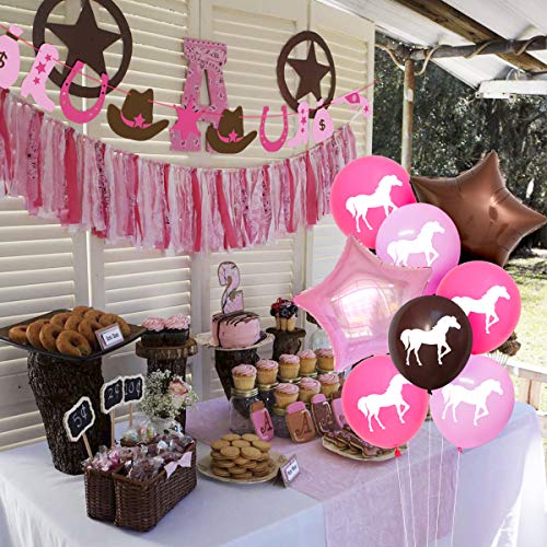 Decoraciones de fiesta de vaquera occidental Suministros de fiesta de cumpleaños de caballo para niñas con guirnalda de vaquera Banner de feliz cumpleaños Globos de látex rosa