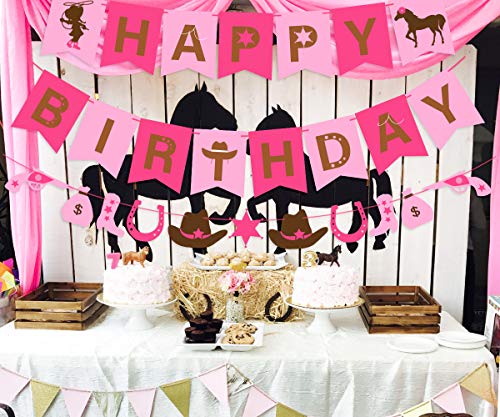 Decoraciones de fiesta de vaquera occidental Suministros de fiesta de cumpleaños de caballo para niñas con guirnalda de vaquera Banner de feliz cumpleaños Globos de látex rosa