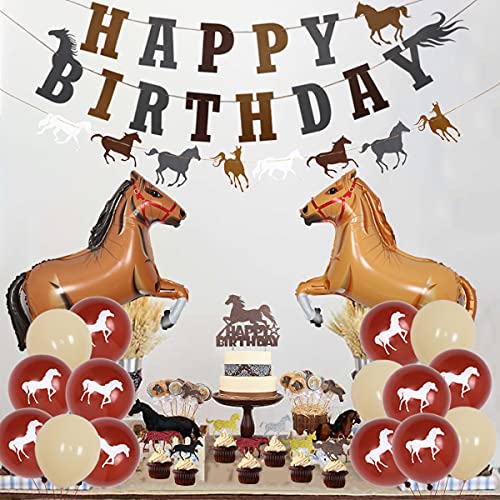 Decoraciones para fiestas de caballos para niños y niñas, decoración de fiesta occidental marrón con adornos para tartas de caballos, pancarta de feliz cumpleaños, globos de papel de guirnalda