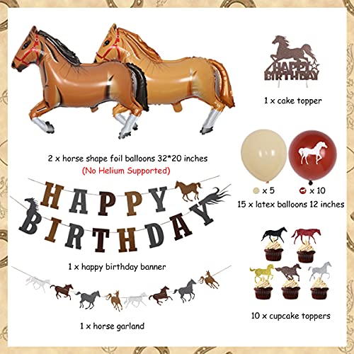 Decoraciones para fiestas de caballos para niños y niñas, decoración de fiesta occidental marrón con adornos para tartas de caballos, pancarta de feliz cumpleaños, globos de papel de guirnalda