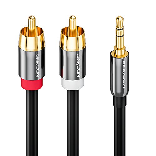 deleyCON 0,5m Cable Cinch de Conector Audio Jack de 3,5mm Cable con 1 Conector de Audio Jack 3,5mm y 2 Conectores RCA Cinch - Negro