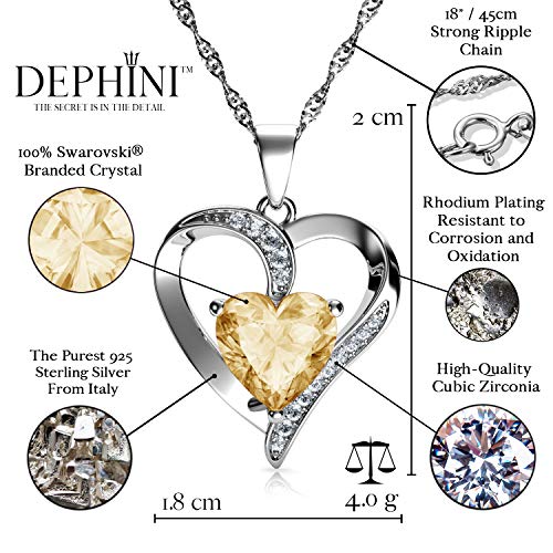 DEPHINI - Collar de corazón de plata de ley 925 - Sombra de oro con piedra natal adornada con colgante de cristal de Dephini - Collar de mujer de joyería fina chapado en rodio cadena de plata