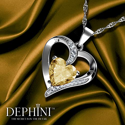 DEPHINI - Collar de corazón de plata de ley 925 - Sombra de oro con piedra natal adornada con colgante de cristal de Dephini - Collar de mujer de joyería fina chapado en rodio cadena de plata