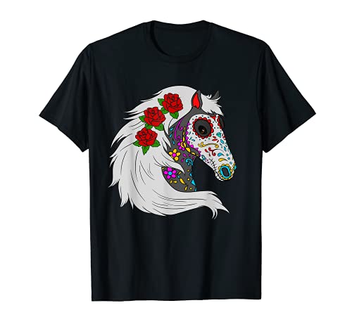 Día de los muertos caballo mexicano rosas amante caballo azúcar cráneo Camiseta