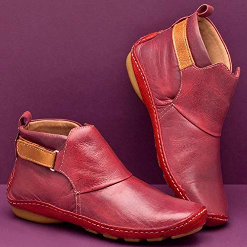 Diseño de Moda Punta Estrecha Casual Botas de Cuero para Mujer HS Color sólido Tacón Grueso Zapatos cómodos y cálidos para Mujeres - Rojo - 35