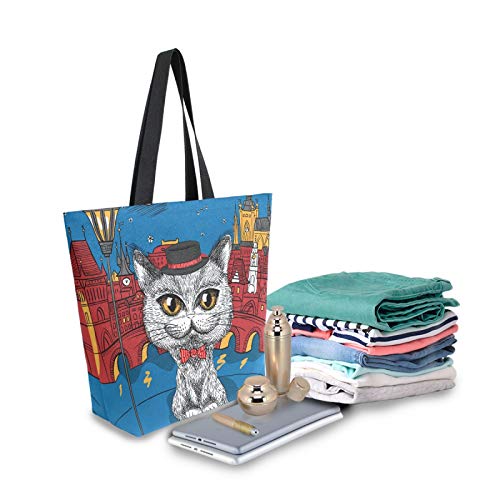 Divertido bolso de lona con diseño de gato británico hipster en el sombrero negro y pajarita roja, lavable y reutilizable para comestibles, compras, viajes, picnic, escuela