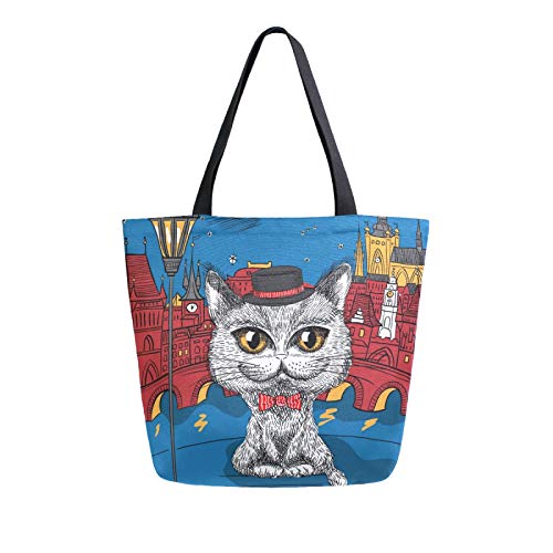 Divertido bolso de lona con diseño de gato británico hipster en el sombrero negro y pajarita roja, lavable y reutilizable para comestibles, compras, viajes, picnic, escuela