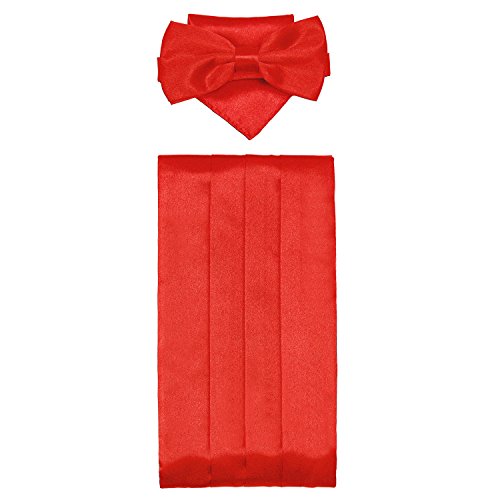 DonDon Set de tres piezas Caballero Faja de esmoquin Pajarita Pañuelo de bolsillo Color a juego Espléndido para ceremonias y ocasiones especiales - Rojo