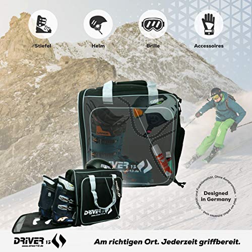Driver13 ® Mochila para Botas de esquí con Compartimento para Casco + Mochila para Reloj de esquí con Compartimento para Casco para Botas duras + de Snowboard + inliner + Bolsa para Botas Negro-Gris