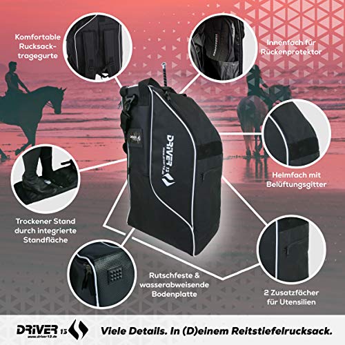 Driver13 ® mochila para botas de montar mochila deluxe con compartimento para casco para botas botas de montar negro